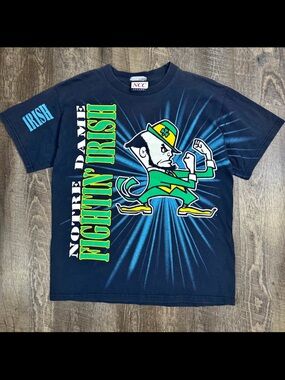 CHANEL Navy Blue Graphic Short Sleeve Tee with Green & Yellow Print
